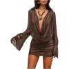 image:imageSOLY HUX Womens Draped Sheer Mesh Beach Mini Dress Deep V Neck Bell Long Sleeve Swimsuit Cover Up BeachwearPlain Brown