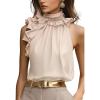 image:imageSOLY HUX Womens Elegant Blouse Ruffle Trim Sleeveless Mock Neck Halter Tank Top Office OutfitPure Khaki