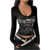 image:imageSOLY HUX Womens Graphic Tees Y2k Gothic T Shirt V Neck Long Sleeve Fitted Vintage Streetwear Going Out TopsBlack Skull