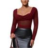 image:imageSOLY HUX Womens Mesh T Shirt Long Sleeve Sweetheart Neck Twist Draped Ruched Sheer Tee See Through Going Out TopsPlain Burgundy