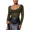 image:imageSOLY HUX Womens Mesh T Shirt Long Sleeve Sweetheart Neck Twist Draped Ruched Sheer Tee See Through Going Out TopsPure Army Green