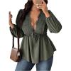 image:imageSOLY HUX Womens Plus Size Lace Blouse Deep V Neck Lantern Long Sleeve Peplum Ruffle Hem Flowy Tops ShirtsPure Army Green
