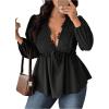 image:imageSOLY HUX Womens Plus Size Lace Blouse Deep V Neck Lantern Long Sleeve Peplum Ruffle Hem Flowy Tops ShirtsPure Black