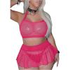 image:imageSOLY HUX Womens Plus Size Sexy Fishnet Mesh Lingerie Set Hollow Out Halter Bra and Thong Panty Sets with SkirtsPure Hotpink