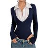 image:imageSOLY HUX Womens Striped Long Sleeve Bodysuits Button Down Tshirts Collared 2 in 1 Tops Preppy ClothesDark Blue White Striped