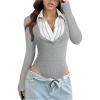 image:imageSOLY HUX Womens Striped Long Sleeve Bodysuits Button Down Tshirts Collared 2 in 1 Tops Preppy ClothesGrey and White