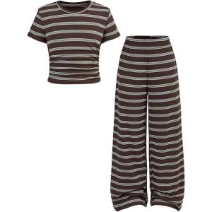 image:imageSOLY HUX Girls Clothes 2 Piece Set Bow Print Short Sleeve T Shirt and Long Pants OutfitsBrown Grey Striped