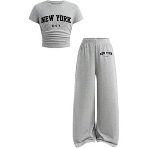 image:imageSOLY HUX Girls Clothes 2 Piece Set Bow Print Short Sleeve T Shirt and Long Pants OutfitsGrey Letter