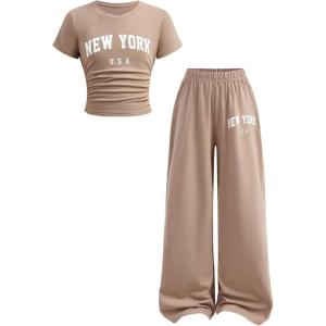 image:imageSOLY HUX Girls Clothes 2 Piece Set Bow Print Short Sleeve T Shirt and Long Pants OutfitsKhaki Letter