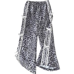 image:imageSOLY HUX Girls Leopard Wide Leg Pants Y2k Bow Cheetah Print Elastic Waist Baggy Long Pants TrousersGrey Leopard