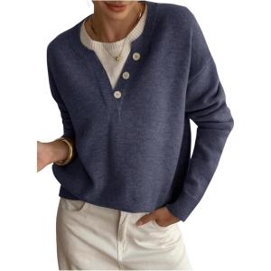 image:imageSOLY HUX Pullover Sweaters for Women Long Sleeve Button Crew Neck 2 in 1 Knitted Oversized TopsDark Blue