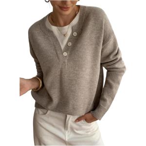 image:imageSOLY HUX Pullover Sweaters for Women Long Sleeve Button Crew Neck 2 in 1 Knitted Oversized TopsPure Apricot
