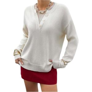 image:imageSOLY HUX Pullover Sweaters for Women Long Sleeve Button Crew Neck 2 in 1 Knitted Oversized TopsPure Beige