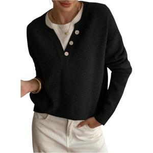 image:imageSOLY HUX Pullover Sweaters for Women Long Sleeve Button Crew Neck 2 in 1 Knitted Oversized TopsPure Black