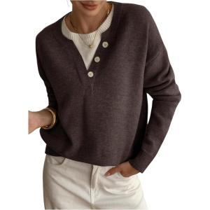 image:imageSOLY HUX Pullover Sweaters for Women Long Sleeve Button Crew Neck 2 in 1 Knitted Oversized TopsPure Brown