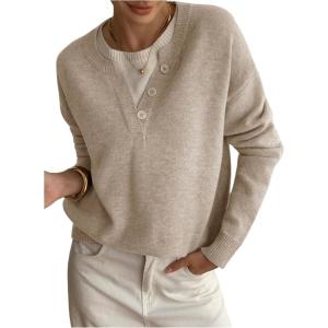 image:imageSOLY HUX Pullover Sweaters for Women Long Sleeve Button Crew Neck 2 in 1 Knitted Oversized TopsSolid Apricot