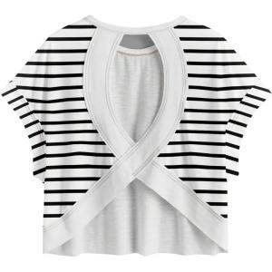 image:imageSOLY HUX Women Open Back Tops Workout Backless Tee Casual Athletic Shirts Short Sleeve Oversized Gym T ShirtMulticoloured Striped