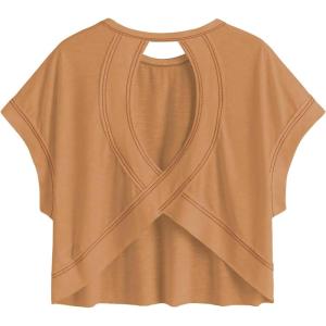 image:imageSOLY HUX Women Open Back Tops Workout Backless Tee Casual Athletic Shirts Short Sleeve Oversized Gym T ShirtSolid Khaki