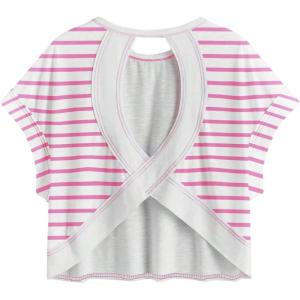 image:imageSOLY HUX Women Open Back Tops Workout Backless Tee Casual Athletic Shirts Short Sleeve Oversized Gym T ShirtWhite and Pink Striped
