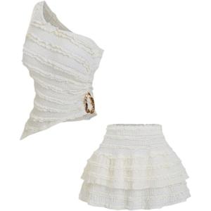 image:imageSOLY HUX Womens 2 Piece Skirt Sets Y2k One Shoulder Tank Tops and Ruffle Layered Mini Skirt Summer Vacation OutfitsPure Apricot