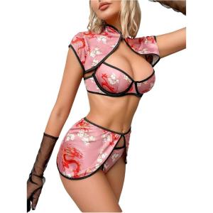 image:imageSOLY HUX Womens 4 Piece Cheongsam Costume Lingerie Set Dragon Print Qipao Cosplay OutfitsPink Floral