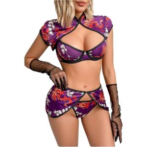 image:imageSOLY HUX Womens 4 Piece Cheongsam Costume Lingerie Set Dragon Print Qipao Cosplay OutfitsPurple Floral