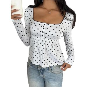 image:imageSOLY HUX Womens Babydoll Tops Long Sleeve Henley Shirts Cute Square Neck Coquette Peplum TopBlack and White