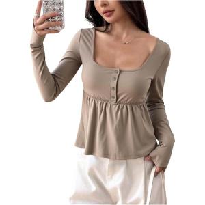 image:imageSOLY HUX Womens Babydoll Tops Long Sleeve Henley Shirts Cute Square Neck Coquette Peplum TopCoffee Brown