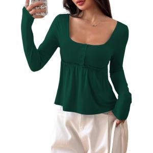 image:imageSOLY HUX Womens Babydoll Tops Long Sleeve Henley Shirts Cute Square Neck Coquette Peplum TopDark Green