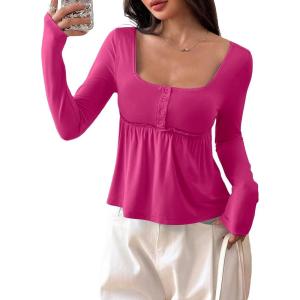 image:imageSOLY HUX Womens Babydoll Tops Long Sleeve Henley Shirts Cute Square Neck Coquette Peplum TopHot Pink