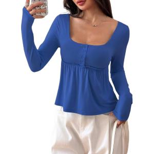 image:imageSOLY HUX Womens Babydoll Tops Long Sleeve Henley Shirts Cute Square Neck Coquette Peplum TopRoyal Blue