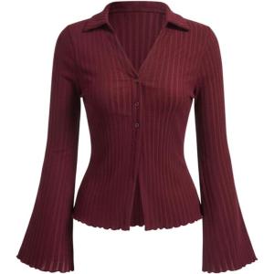 image:imageSOLY HUX Womens Button Down T Shirt Collared V Neck Bell Long Sleeve Casual TopsPure Red