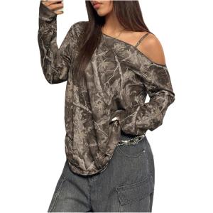 image:imageSOLY HUX Womens Camo TShirts Long Sleeve Cold Shoulder Loose Tee Shirts Vintage StreetwearBrown Camo