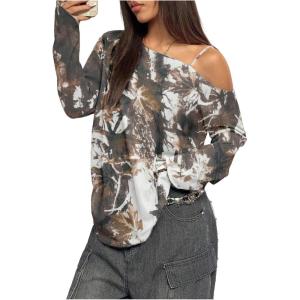 image:imageSOLY HUX Womens Camo TShirts Long Sleeve Cold Shoulder Loose Tee Shirts Vintage StreetwearCoffee Brown