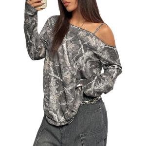 image:imageSOLY HUX Womens Camo TShirts Long Sleeve Cold Shoulder Loose Tee Shirts Vintage StreetwearDark Grey Camo