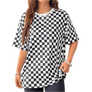 image:imageSOLY HUX Womens Checkered Shirts Oversized T Shirts Casual Trendy Short Sleeve Crew Neck Tee TopsWhite and Black