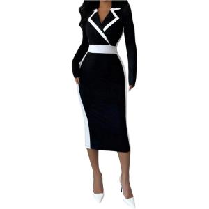 image:imageSOLY HUX Womens Color Block Bodycon Midi Dress Wrap Lapel Collar Long Sleeve Work Office DressesBlack and White