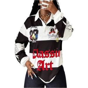 image:imageSOLY HUX Womens Color Block Graphic Tees Y2k Jersey T Shirt Long Sleeve Collared Tops StreetwearBlack and White