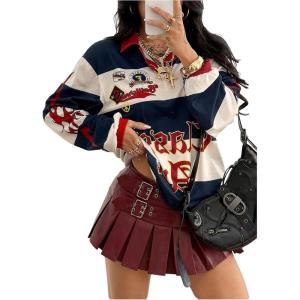 image:imageSOLY HUX Womens Color Block Graphic Tees Y2k Jersey T Shirt Long Sleeve Collared Tops StreetwearDark Blue Letter