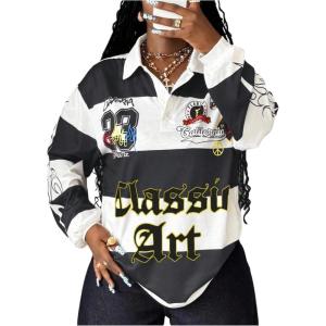 image:imageSOLY HUX Womens Color Block Graphic Tees Y2k Jersey T Shirt Long Sleeve Collared Tops StreetwearGrey Letter