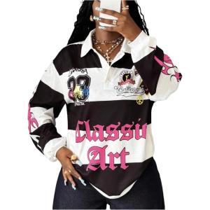 image:imageSOLY HUX Womens Color Block Graphic Tees Y2k Jersey T Shirt Long Sleeve Collared Tops StreetwearMulticolor Letter