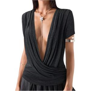 image:imageSOLY HUX Womens Deep V Neck T Shirts Short Sleeve Draped Fitted Sexy Tops Summer Date Night OutfitDark Grey