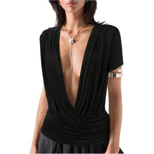 image:imageSOLY HUX Womens Deep V Neck T Shirts Short Sleeve Draped Fitted Sexy Tops Summer Date Night OutfitPlain Black