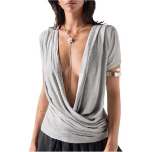 image:imageSOLY HUX Womens Deep V Neck T Shirts Short Sleeve Draped Fitted Sexy Tops Summer Date Night OutfitPlain Grey