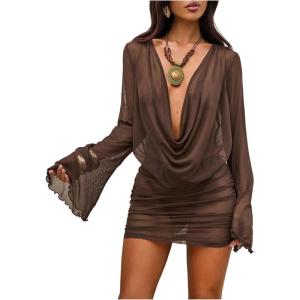 image:imageSOLY HUX Womens Draped Sheer Mesh Beach Mini Dress Deep V Neck Bell Long Sleeve Swimsuit Cover Up BeachwearPlain Brown