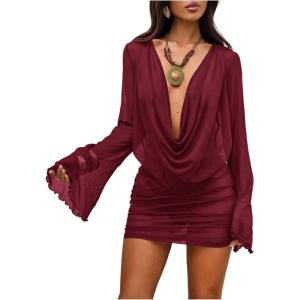 image:imageSOLY HUX Womens Draped Sheer Mesh Beach Mini Dress Deep V Neck Bell Long Sleeve Swimsuit Cover Up BeachwearPure Burgundy