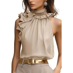 image:imageSOLY HUX Womens Elegant Blouse Ruffle Trim Sleeveless Mock Neck Halter Tank Top Office OutfitPure Apricot