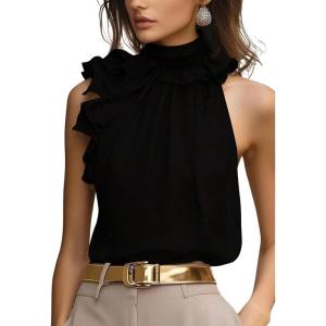 image:imageSOLY HUX Womens Elegant Blouse Ruffle Trim Sleeveless Mock Neck Halter Tank Top Office OutfitPure Black