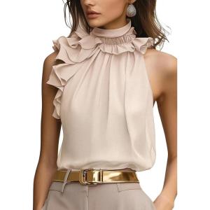image:imageSOLY HUX Womens Elegant Blouse Ruffle Trim Sleeveless Mock Neck Halter Tank Top Office OutfitPure Khaki