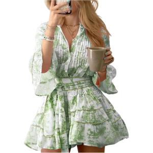 image:imageSOLY HUX Womens Floral Ruffle Mini Dress V Neck 34 Sleeve Flowy Boho Vacation DressesGreen Floral